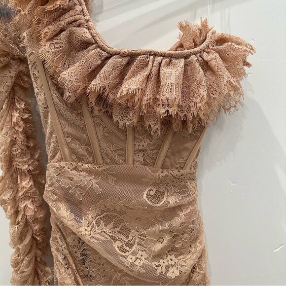 NWT House Of CB Adele Biscuit Asymmetrical Mini Ruffle Dress. - Picture 7 of 15